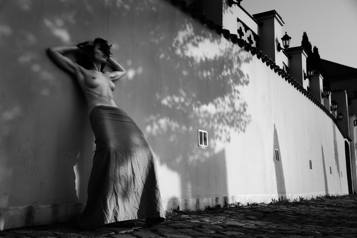 Figure in a long translucent dress leaning against a sunlit wall.