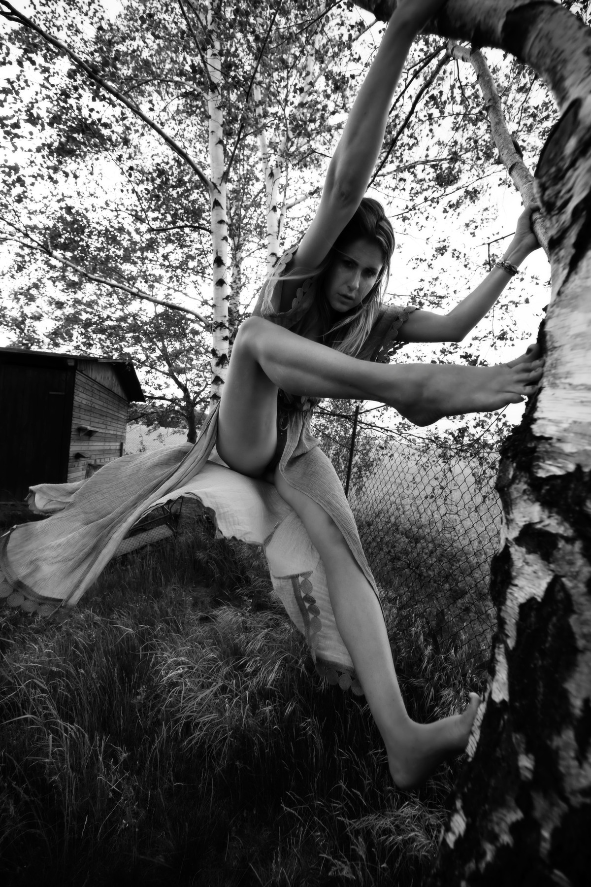 Nude figure posed among branches in a wooded setting.