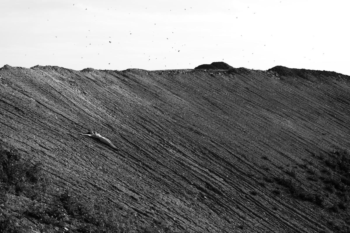 Small figure lying on a vast sloping textured landscape.