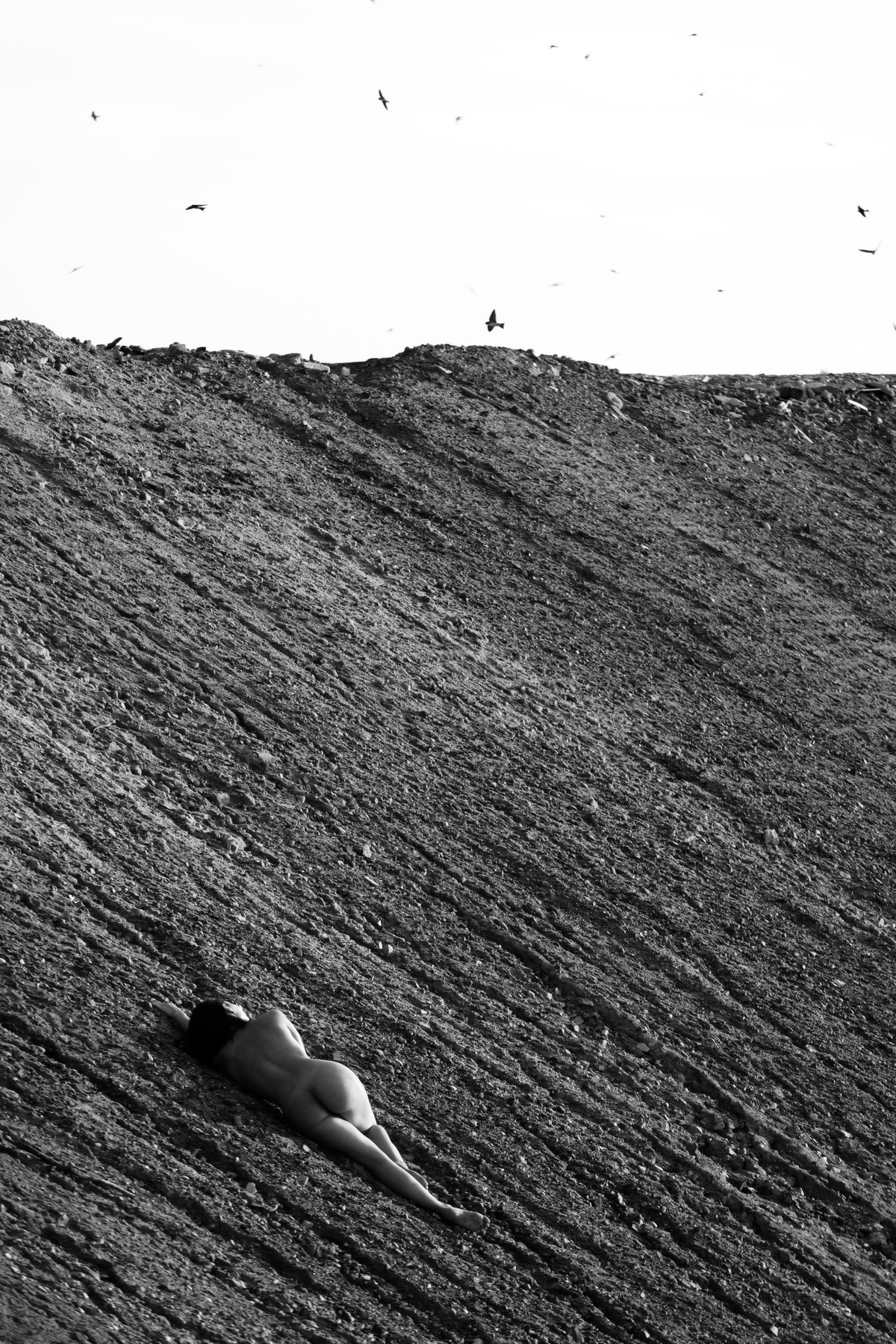 Small figure on a steep patterned slope, seen from above.